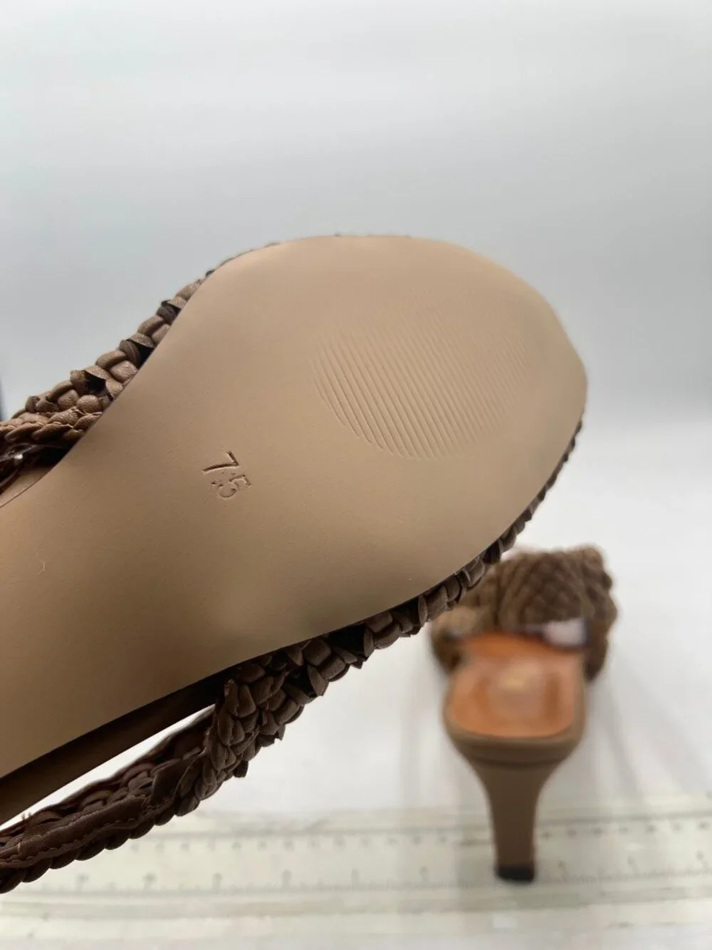 Brown Women's Slingback Strap Square Toe Pump Slip On Kitten Heels Woven Sandals